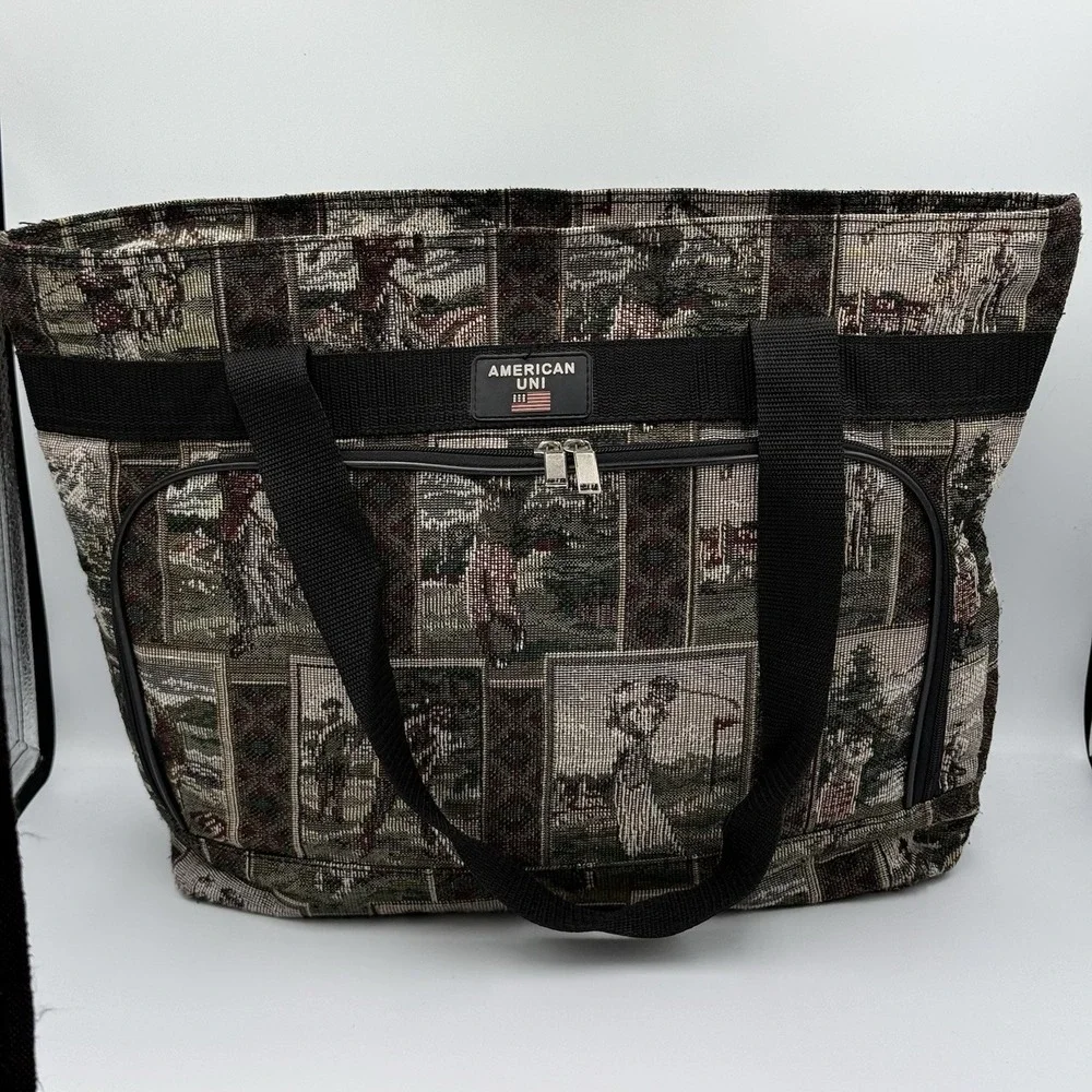 American‎ Uni Golf Scene Tapestry Tote Bag Front Zip Pocket Carryall